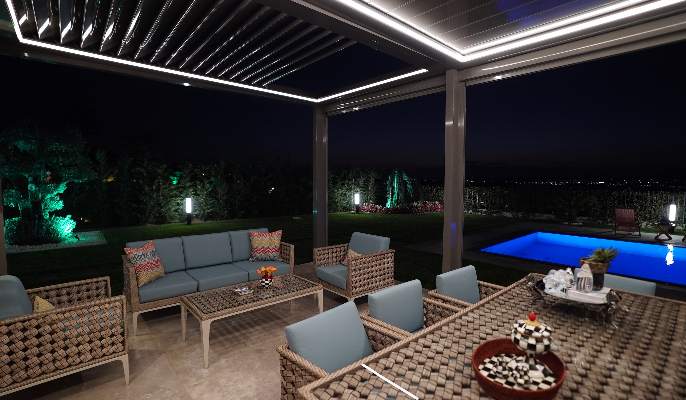 Yeşilyaka Su Evleri at night, pergola with LED lighting
